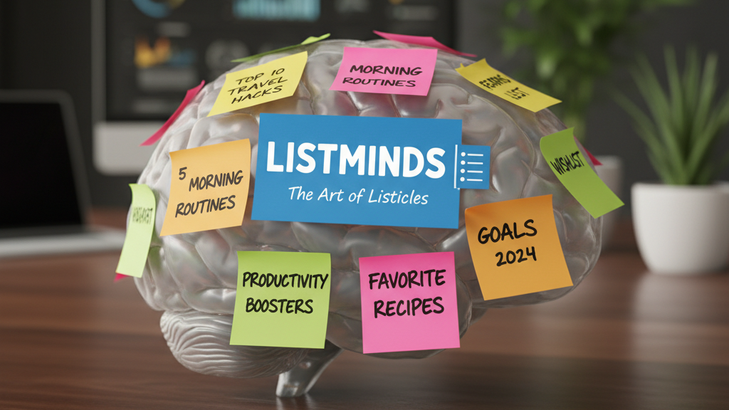 A creative representation of a brain covered with colorful sticky notes, showcasing various topics and ideas associated with ListMinds, including productivity boosters, goals for 2024, and morning routines.